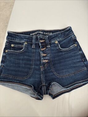 American Eagle Outfitters Dark Blue High-Rise Button-Fly Denim Shorts